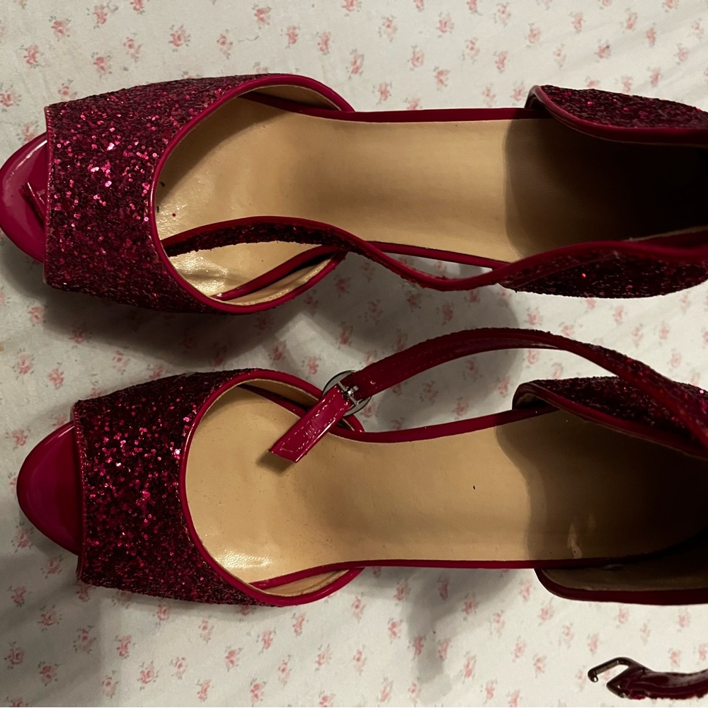 Hot Pink Glitter Peep-Toe Heels